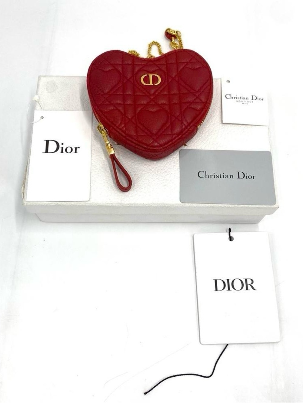 Dior Quilted Heart Mini Crossbody Coin Purse w/Gold Chain + Original Box & Tags